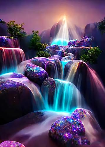 KINPLUB 5D Diamond Painting Kits for Adults, Moonlight Waterfall Diamond Art Kits, DIY Full Drill Night Moon Landscape Paint with Round Diamond Dots, Fantasy Home Wall Decor 12 x 16 Inch - color: Waterfall