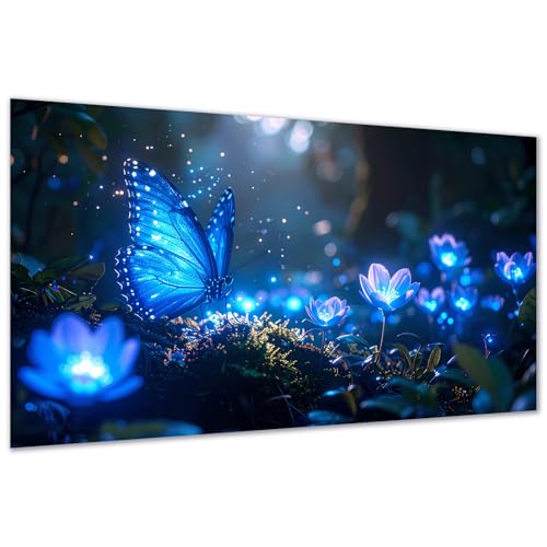 DDGEMART 5D Diamond Painting Kit for Adults, Full Drill Blue Butterfly Magic Forest Neon Floral Art for Beginners, Large Horizontal 28x16 inch - color: Blue Butterfly