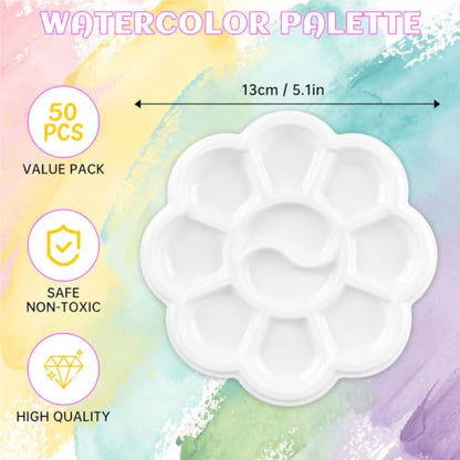 Paint Palettes, 50 Pcs, One Time Use Plastic, White 5.1 inch | Mini Watercolor Painting Palettes for Students, Kids, Paint Holder, DIY Craft Class, Paintings - color: White
