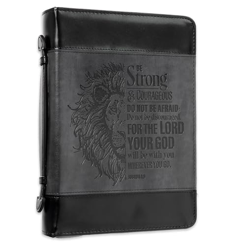 Christian Art Gifts Classic Faux Leather Bible Cover for Men and Women: Be Strong and Courageous - Joshua 1:9 Inspirational Bible Verse with Lion, Gray and Black, XL - size: Extra Large