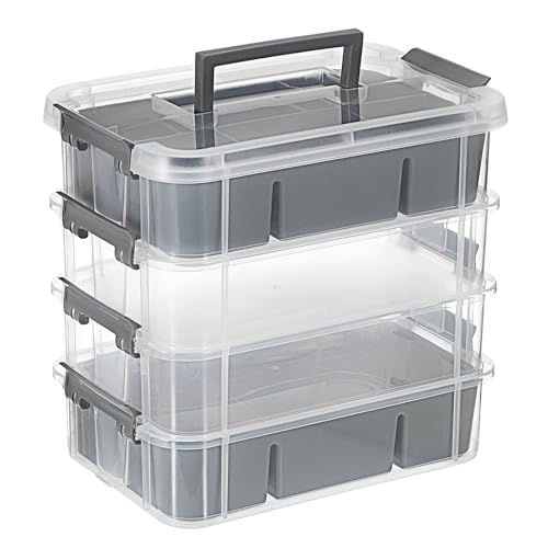 JUXYES 4-Tiers Plastic Stack Carry Storage Containers Box wih Handle Lids - color: Dark Gray