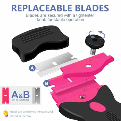 4 PCS Razor Blade Scraper with 40Pcs Metal and 40Pcs Plastic Blades, 2-in-1 Cleaning Scraper Tool for Cooktop Oven Floor Window Glass Car (Pink)