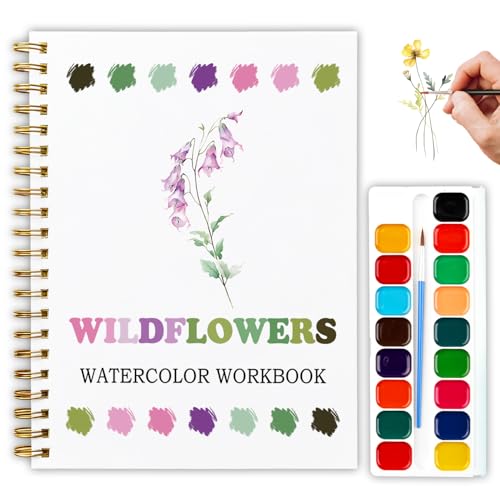 12 Wildflower Patterns Watercolor Set, Painting Book for Beginners, Stress Relief Art Gift for Women and Adults, Relaxing DIY Workbook, Boho Nature Lover Kit - color: Purple-Wildflowers