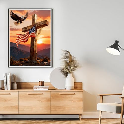 Independence Day Paint by Numbers Kit for Adults Beginner,4Th of July Acrylic Paint by Number Kits on Canvas,Bald Eagle and Cross Digital Oil Painting Art Kits for Home Decor without Frame 16x20 Inch.