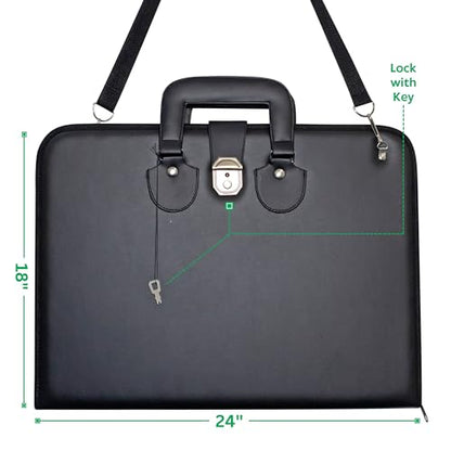 Premium Art Portfolio Leather Bag 18 x 24 (inches) with Lock and Key, Executive Briefcase Style Carrying Case with Handle & Shoulder Strap, Artwork Storage for Posters, Canvas, and Art Materials