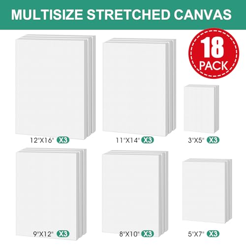 ESRICH Stretched Canvas for Painting,18 Multi Pack Blank Canvases for Painting 12x16, 11x14, 9x12, 8x10, 5x7, 3x5, Cotton Primed Painting Canvas for Oil, Acrylic Paint, for Beginners, Artists. - size: 18 Packs - 6 Sizes (3 of Each)