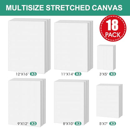 ESRICH Stretched Canvas for Painting,18 Multi Pack Blank Canvases for Painting 12x16, 11x14, 9x12, 8x10, 5x7, 3x5, Cotton Primed Painting Canvas for Oil, Acrylic Paint, for Beginners, Artists. - size: 18 Packs - 6 Sizes (3 of Each)
