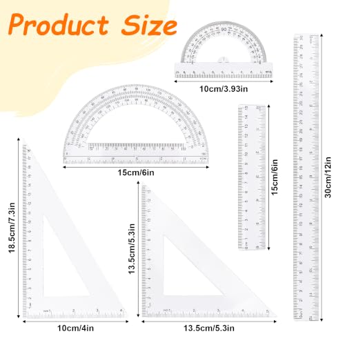 Plastic Clear Ruler Math Set - 6'' 12'' Transparent Straight Ruler, 4'' 6'' Protractor, 30/60 & 45/90 Triangle Ruler, Geometry Math Measuring Tool for School Office Drawing Teachers Kids Supplies - color: Transparent