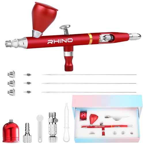 Rhinowisdom Airbrush Kit - Airbrush Gun Set Dual-Action Gravity Feed with 0.35, 0.4 & 0.5mm Needle Sets - Air Brush Set with 2 1/3 oz Replacement Cups for Nails Model Painting Cake Tattoo Makeup