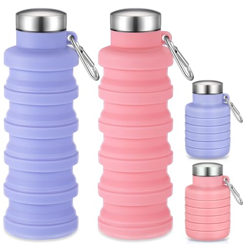 Baderke 2 Pcs Collapsible Water Bottles 17oz Silicone Travel Foldable Portable Water Bottle with Buckle Silicone Lightweight Reusable Leakproof for Camping Hiking Cycling Sport(Purple, Pink) - color: Purple, Pink