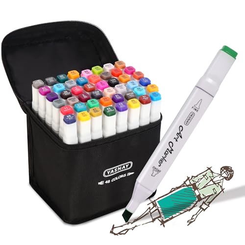 YASNAY Alcohol Markers 48 Colors Dual Tip Fine & Chisel Art Markers Set - color: 48 Colors