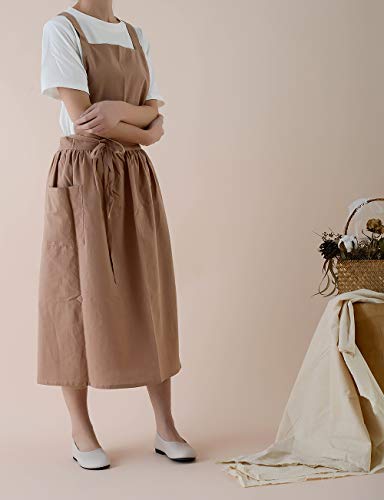 VLZUFE Women Cotton Linen Cross Back Apron with Pockets for Gardening Works Pinafore Dress - color: Brown
