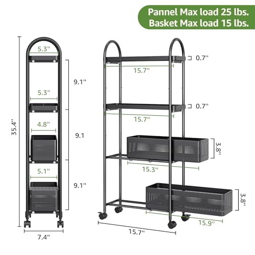 KINGRACK 4 Tier Slim Rolling Cart with Drawer, Metal Utility Storage Cart | 2 Pull-out Baskets, Lockable Wheels, Narrow Space Trolley Organizer for Bathroom, Kitchen, Office, Dorm, Laundry Room, Black - color: Black, size: 4 Tier-2BKT