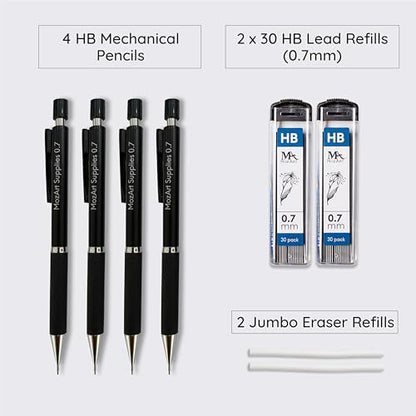 MozArt Mechanical Pencil 0.7mm Set 2x30 HB Lead & Eraser Pen Refills | Metal Mechanical Pencil with Lead & Eraser Refills – Sketch, Architecture, Drafting & Art for Students, Artists & Beginners - color: 0.7 Black