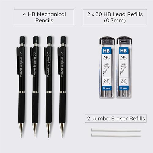 MozArt Mechanical Pencil 0.7mm Set 2x30 HB Lead & Eraser Pen Refills | Metal Mechanical Pencil with Lead & Eraser Refills – Sketch, Architecture, Drafting & Art for Students, Artists & Beginners - color: 0.7 Black