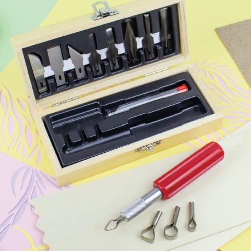 Excel Blades 14-Piece Woodworking Set – Precision Craft Knife Set with K5 Handle, Assorted Blades, Gouges & Routers With Storage Case – Ideal for Carving, Model Making & Craft – Made in the USA - color: Woodworking Set (Wooden Chest)