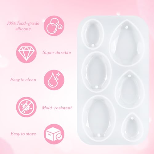 Silicone Molds for Resin, 6 Cavities Waterdrop and Oval Resin Jewelry Molds | Silicone Pendant Mold with Hanging Hole for DIY Gem Cabochon Pendant, Earring, Necklace Jewelry Making
