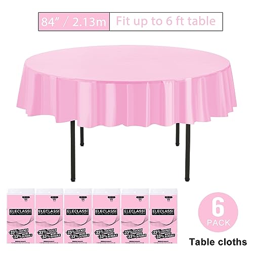 Eleclassi Pink 6 Pack Premium Round Disposable Plastic Tablecloth - 84 Inch Round Plastic Table Cloths for Parties Disposable Tablecloth - Round Plastic Tablecloth - Pink Round Tablecloth - color: Pink