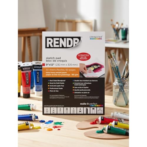 RENDR No Show Thru Dual-Sided Sketch Pads for Drawing, Bleedproof, Acid-Free, 80 Perforated Pages, 180 GSM, 9" x 12"