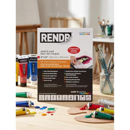 RENDR No Show Thru Dual-Sided Sketch Pads for Drawing, Bleedproof, Acid-Free, 80 Perforated Pages, 180 GSM, 9" x 12"