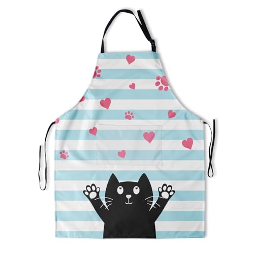 Art Apron with Pocket for Women Men | Kitchen Aprons Chef Apron for Cooking Baking BBQ Painting Gardening - color: Black Cat With Love Heart