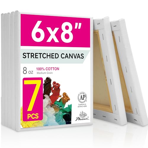PHOENIX Stretched Canvas for Painting 6x8 Inch/7 Value Pack, 8 Oz Triple Primed 5/8 Inch Profile 100% Cotton White Blank Canvas, Small Framed Canvas for Oil Acrylic & Pouring Art - size: 6"x8", style: Studio Set (8 Oz.)