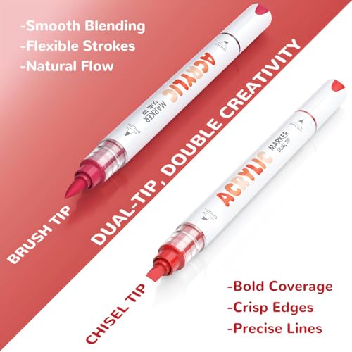 Guangna 12 Red Dual Tip Acrylic Paint Markers, Brush Tip & Chisel Tip Acrylic Paint Pens for Rock, Wood, Glass, Paper, Coloring Book, Ceramic, Canvas, Water-Based Ink - color: Red