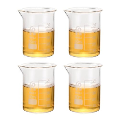 PATIKIL 50ml Low Form Glass Beaker, 4Pcs 3.3 Borosilicate Glass Beakers Graduated Measuring Cup with Spout for Lab Experiment, Cooking and Baking, Clear - size: 50ml