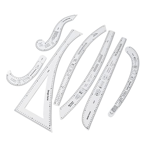 7Pcs Fashion Clear Metric Sewing Ruler Set, French Curve Pattern Ruler Kit for Beginners, Tailors, and Designers, Fashion Design Dress Makers Ruler, Clear Sewing Tailors Pattern Making Ruler