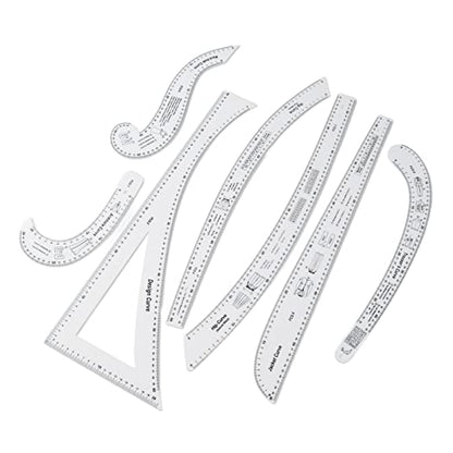 7Pcs Fashion Clear Metric Sewing Ruler Set, French Curve Pattern Ruler Kit for Beginners, Tailors, and Designers, Fashion Design Dress Makers Ruler, Clear Sewing Tailors Pattern Making Ruler