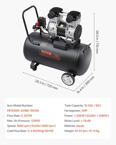 VEVOR Air Compressor, 15 Gallon Steel Tank, 2HP 5.3 CFM@90 PSI Oil Free Air Compressor & Max. 125PSI Pressure, 78dB Ultra Quiet Portable Compressor, for Auto Repair, Tire Inflation, Spray Painting - size: 15 Gallon