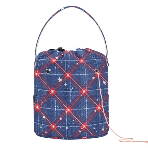 Blue Retro Plaid Stars Yarn Bag Small Crochet Bag Drawstring Yarn Storage Organizer Knitting Project Bags Potable Yarn Holder with Holes Handle Crocheting Needles Knitting Accessories - color: Blue Retro Plaid Stars