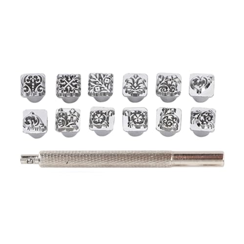 Leather Stamp Tool, 12Pcs Leather Stamping Punch Stamper DIY Leather Craft Making Tools Flower Design Embossing Pattern with Stamping Handle for Leathercrafting