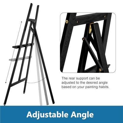 A-Frame Wooden Display Easel, Lyre Beechwood Studio Easel Stand, Black | Adjustable Holding Canvas Up to 90", Inclinable Artist Floor Painting Easel for Artwork Painting - color: Black