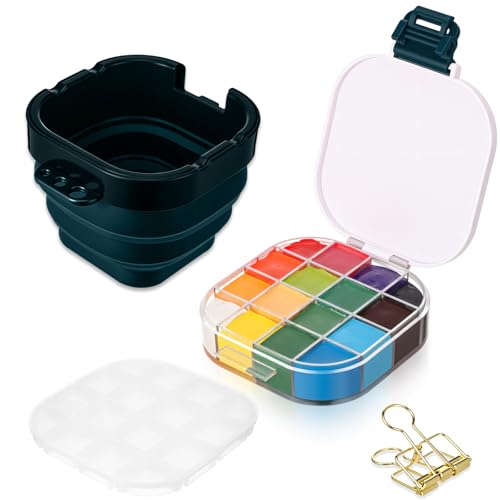 Airtight Acrylic Paint Palette Lid 16 Well Storage Box Travel Palette Paint Storage Container Fixing Clips Collapsible Brush Basin Art Supplies Organizer for Gouache Acrylic Watercolor and Oil(Green) - color: Green