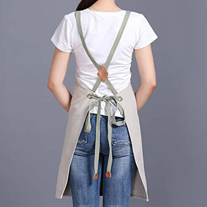 Tosewever Canvas Cross Back Chef Cotton Aprons for Men Women with Large Pockets - color: Beige