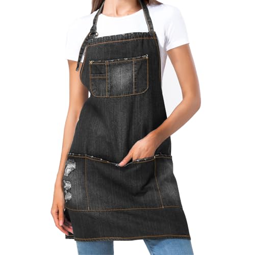 Apron for Women and Men - Adjustable Vintage Distressed Cotton Bib Aprons with Large Pockets for Cooking - color: Black