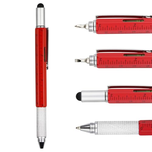 DUNBONG 6-in-1 Multi Tool Pen, Stylus & Screwdriver, 0.7mm Black Ink - Red | Aluminum prismatic non-slip grip | Rotary no-cap design | Ruler & level built-in | Refillable | Long-lasting clip - color: Red