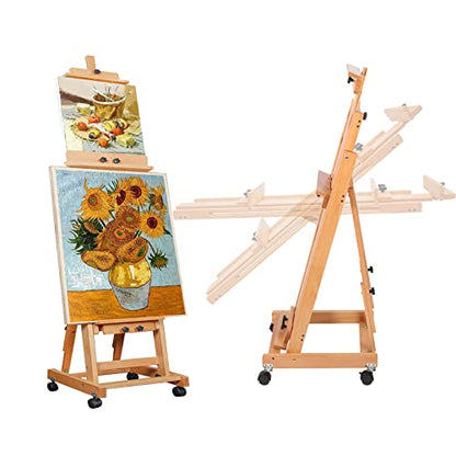 Art Easel for Painting, H-Frame Standing Studio Painting Easel | Tilting Flat Adjustable with Wheels for Adults Artist, Can Holds 2 Canvases