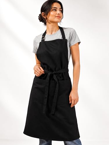 100% Cotton Kitchen Apron with 2 Pockets – Adjustable Chef Apron for Cooking Baking BBQ – Unisex Apron - color: Jet Black