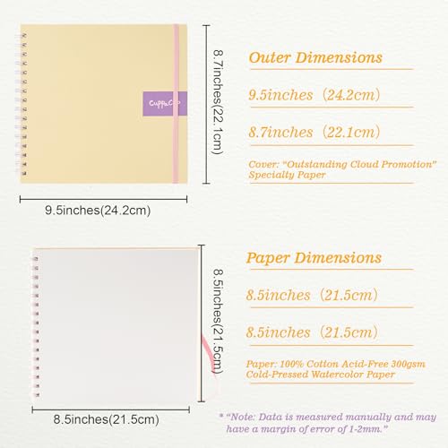 CuppaClip Watercolor Paper 9"x8.5" 300GSM 140LB Spiral Bound Cotton Water Color Pad Cold Press Inner Pocket Art Supplies (Yellow) - color: Yellow
