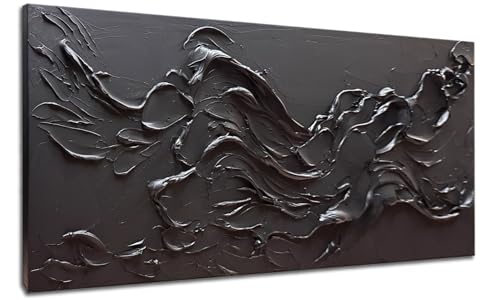 zoinart 100% Hand Painted Thick Texture Black Wall Art Minimalist Oil Painting Contemporary Art 24x48 Inches Oil on Canvas Black Texturd Wall Art Home Decoration - color: BL-075