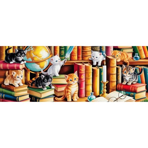 Reofrey Large Diamond Art Kits for Adults Cat on a Bookshelf, 12x31.5 inch Full Drill Round Rhinestone Big Diamond Painting Kit, DIY Cross Stitch Embroidery Canvas for Crafts Home Wall Decor - color: Cat on a Bookshelf