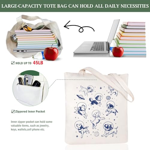 Canvas Aesthetic Tote Bag for Women with Inner Pocket Totes Shoulder Book Bag Shopping Reusable Grocery Bags - color: Dogs in Space