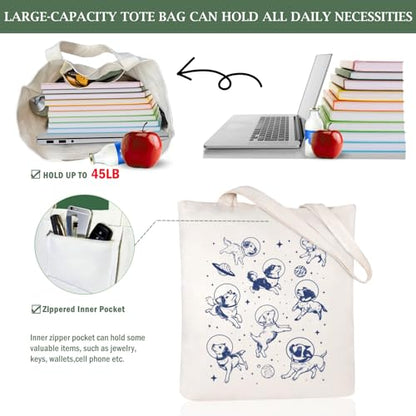 Canvas Aesthetic Tote Bag for Women with Inner Pocket Totes Shoulder Book Bag Shopping Reusable Grocery Bags - color: Dogs in Space