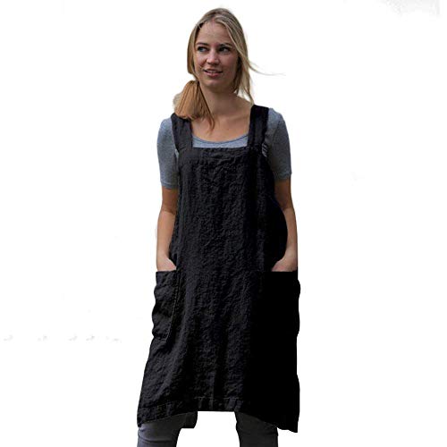 Women's Pinafore Square Apron Baking Cooking Gardening Works Cross Back Cotton/Linen Blend Dress with 2 Pockets - color: Black, size: Medium