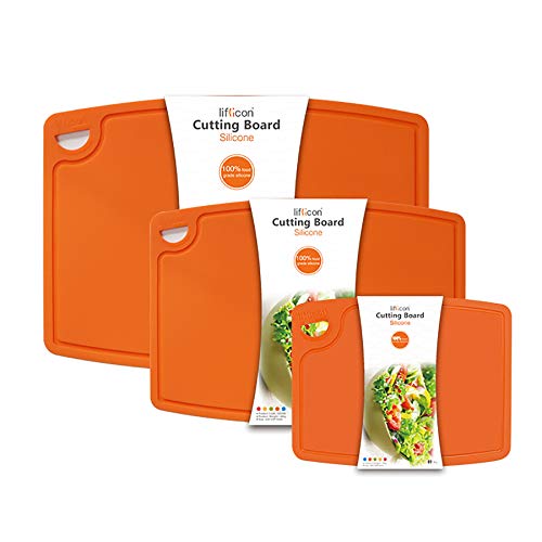 Liflicon Silicone Thick Cutting Boards Mats Set of 3pcs Foldable & Flexible Design Juice Grooves Easy Grip Handle Dishwasher Safe for Kitchen,BPA free Chif-Orange - color: Orange, size: 9.1"L x 7.1"W, 12.6"L x 9.1"W & 14.6"L x 10.4"W