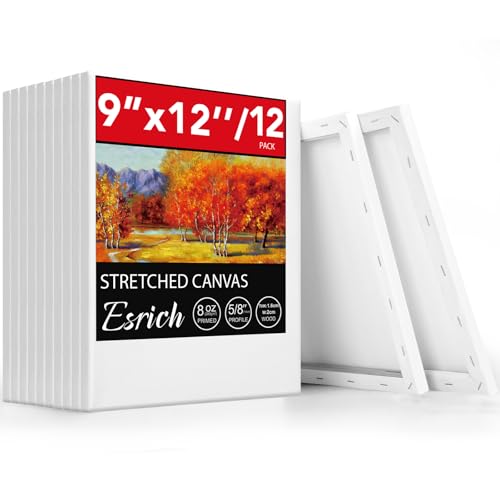 ESRICH Stretched Canvas for Painting, 12 Pack 9x12 Inch Canvas Value Pack,Primed Acid-Free Cotton Blank Canvases, Painting Canvas for Oil & Acrylic Paint. - size: 9x12in-12Pack