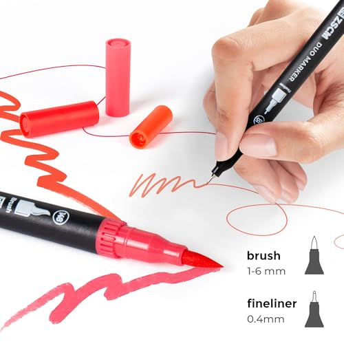 Red Duo Tip Marker Pens, 12 Fine & Brush Tip Pen For Adult Coloring Books - color: 12 Red