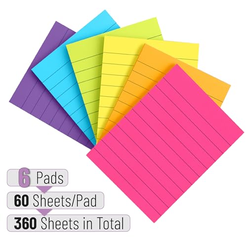 Mr. Pen- Lined Sticky Notes, 3" x 4", 6 Pads, 60 Sheets/Pad | Sticky Notes with Lines, Ruled Post Stickies, Memo Pads, Self-Stick Note Pad for Office, School, Home, Study - color: Vibrant, size: 3 x 4 inches, 6 Pads